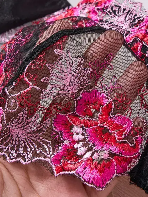 Women Black Floral Embroidery Lace Lingerie Set Push‑Up Bra & Thong Mesh Satin Intimate Underwear Daily Nightwear ZA825146 — image 4
