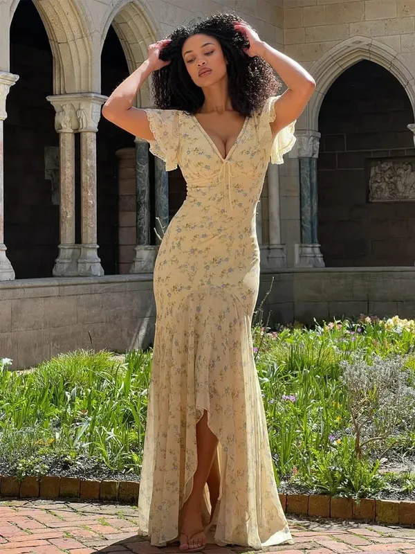 Pakaian Maxi Chiffon Cetak Bunga-bungaan Wanita Lengan Panjang V-leher Dalaman Romantik Gaun Potong Renda Tinggi Rendah 2026 Gaun Wanita Elegan Musim Panas — image 3