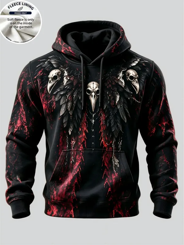 Men Fleece Lined Hoodie Halloween Skull Graveyard Pumpkin Print Pullover Hooded Sweatshirt Top