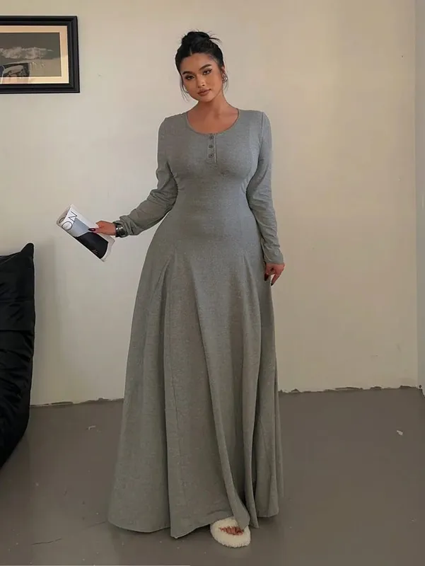 Plus-Size Solid-Color Knit Elegant A-Line Flowy Maxi Dress | Women's Long Dress | Casual & Commuter Style — image 5
