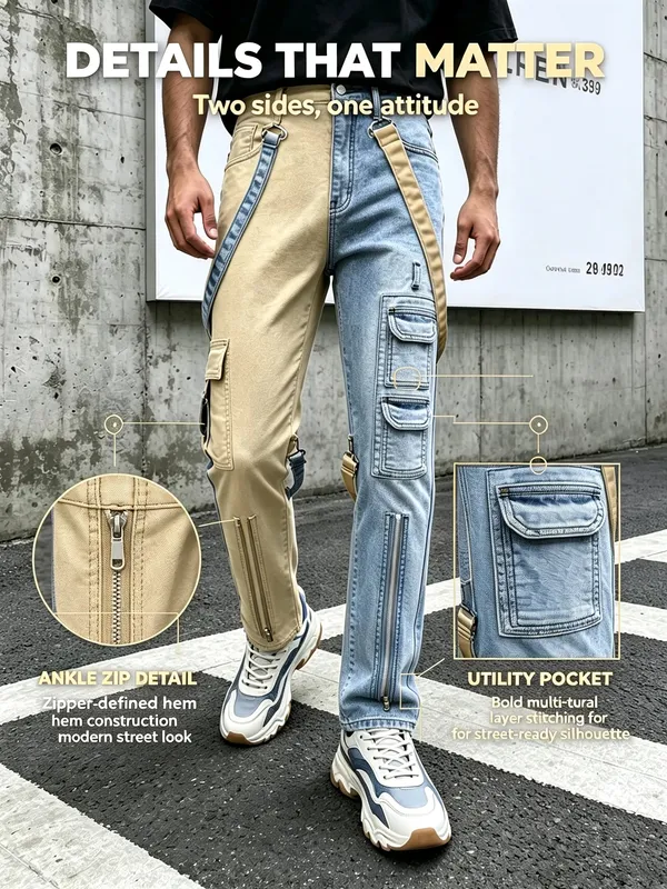 Y2K Jeans for Men Techwear Retro Cargo Pants Flared Bootcut Jeans Contrast Color Splicing Strap Streetwear Denim Trousers