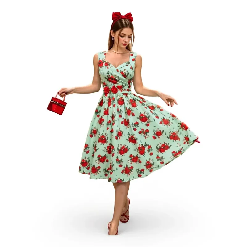 Women's Sleeveless V Neck Floral Print Midi Dress Wrap Design A Line Swing Dress Fashion Casual Ladies Daily Outfit