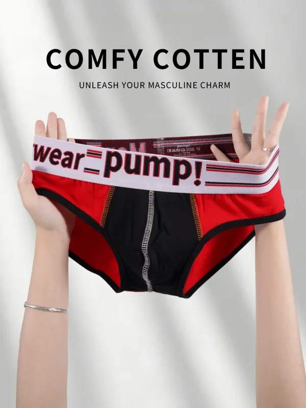 Men's Cotton Color Block Briefs, Pump! Logo Wide Waistband Low Rise Sexy 3D Convex Pouch Underwear 3256813080433415