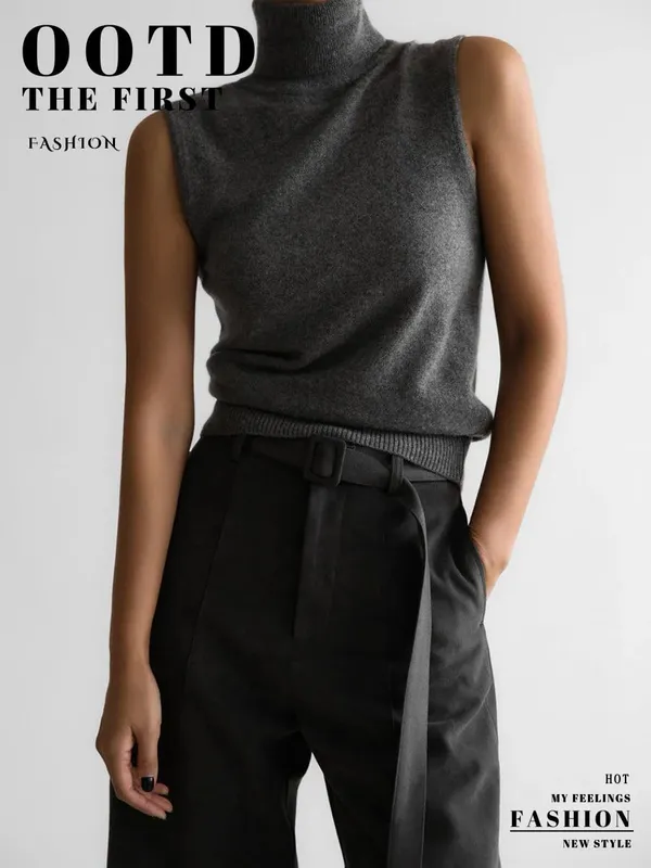 Women's Sleeveless Turtleneck Knit Vest Autumn Slim Fit High-Neck Tank Top Ribbed Hem Minimalist Base Layer Office Casual Wear — image 9