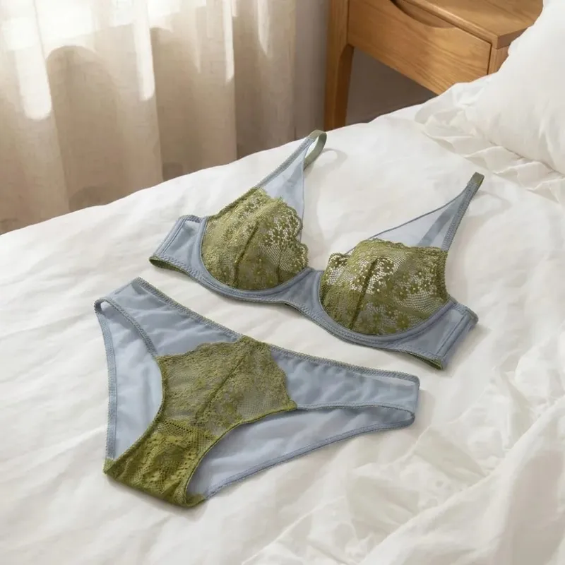 Sweet Mesh Lace Flower Bra Set Lingerie Brassiere Push Up Bra Women Thin Seamless Lace Floral Underpants Home — image 5