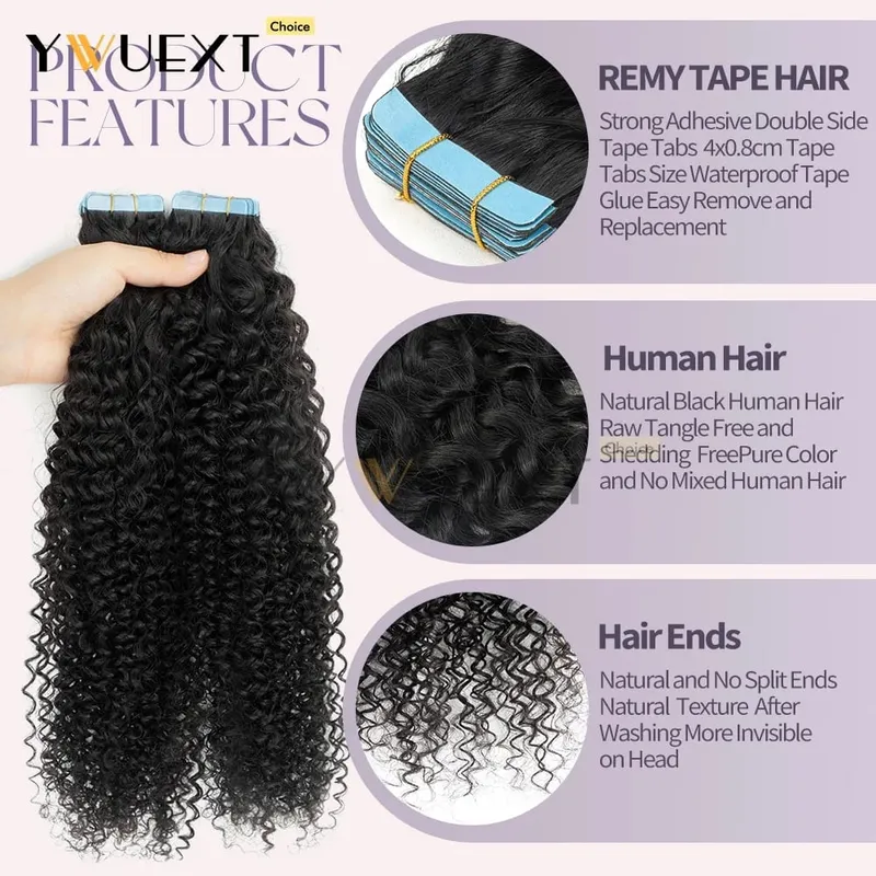 Water Wave Tape In Hair Extensions Human Hair Natural Black Color 1B# for Women 20pcs/pack Thick End Hair Extensions — image 3