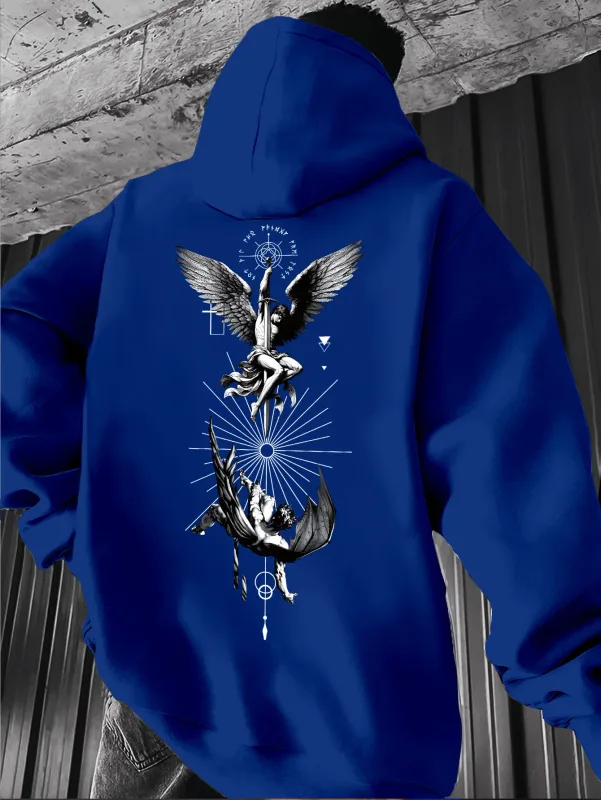 Men's Gothic Angel & Tarot Print Hooded Sweatshirt - Longr Machine /Fall Layering (Tarot Card Design Regular Fit) - Ideal for Themed Events & Casual Attire Featuring Angel & Tarot Motifs Comfortable Knit Fabric and Versatile Streetwear Styl