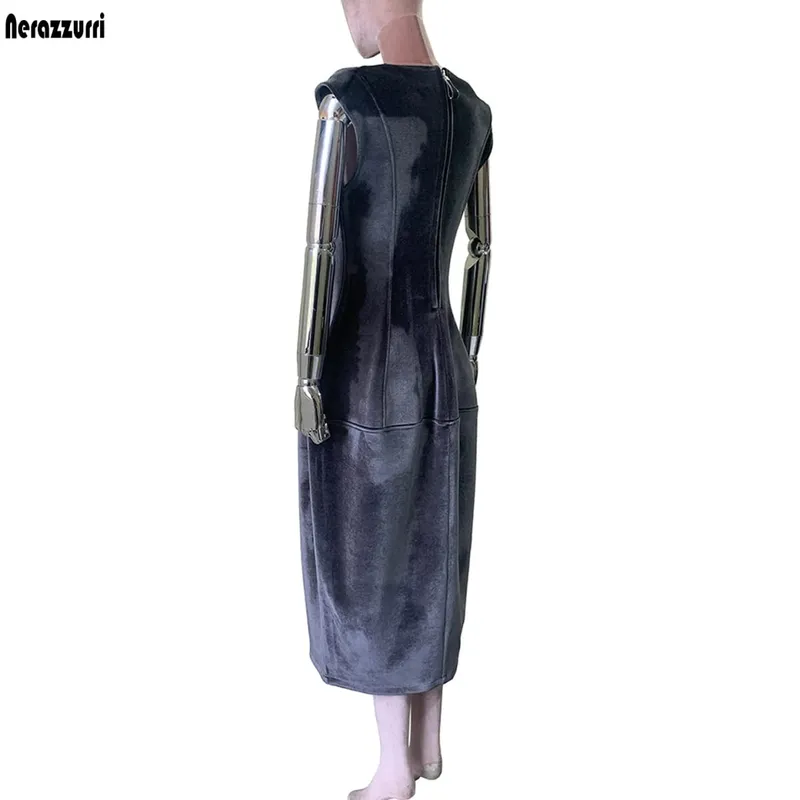 Nerazzurri Summer Autumn Long Luxury Elegant Luxury Fitted Dark Gray Sleeveless Soft Velvet Modest Dresses for Woman High Waist