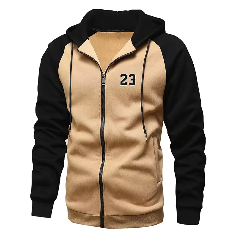 Lelaki Hoodies Bercetak Nombor 23 Baju Sweatshirt Lengan Panjang untuk Lelaki Bertudung Zip Lelaki Baju Sweater menyekat warna fesyen — image 3