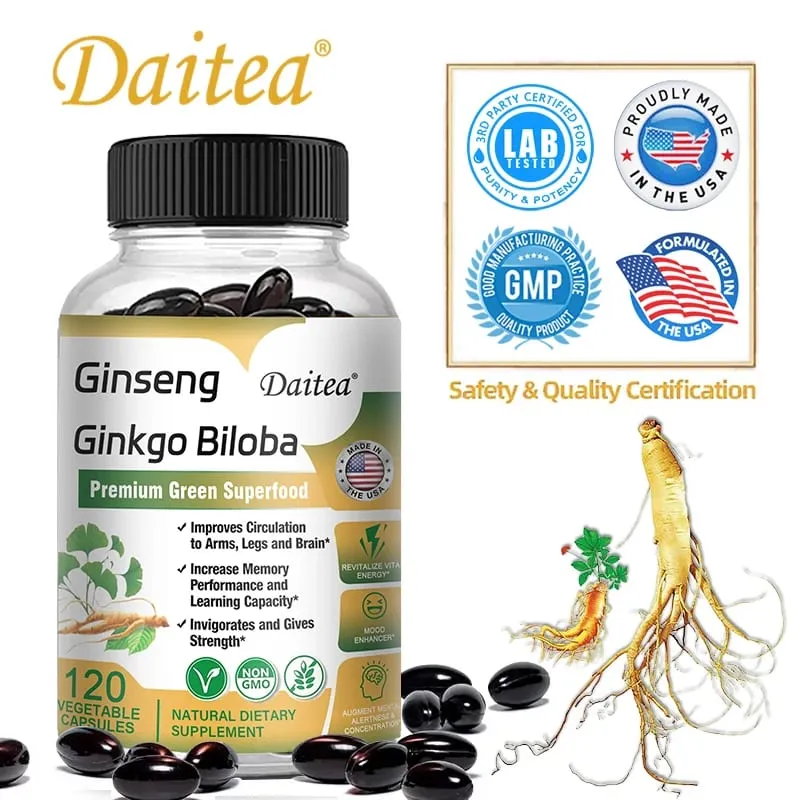 Ginseng + Ginkgo Biloba Capsules - Premium Non-GMO/Vegan Superfood - Traditional Energy Booster and Mood Soother — image 1