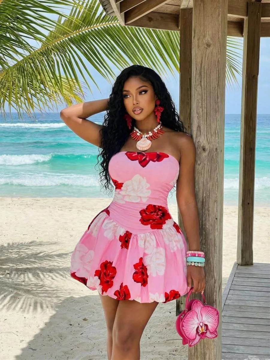 Women Strapless Floral Print Mini Dress Ruched Waist Flared Skirt Bodycon Dress For Beach Holiday Party Occasion — image 2