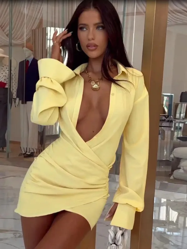 2026 NEW AUTUMN WOMEN'S SOLID COLOR SHIRT DRESS RUCHED BODYCON DRESS SEXY INS‑STYLE DRESS FOR PARTY GATHERING