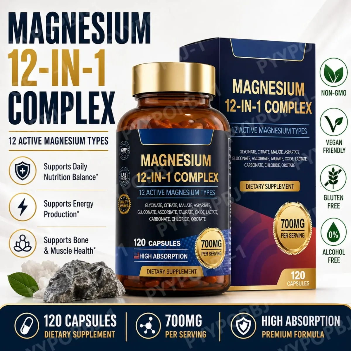 Complexe de magnésium 700 mg Supplément de magnésium 12 en 1 avec glycinate citrate oxyde de malate taurate aspartate orotate de magnésium — image 1