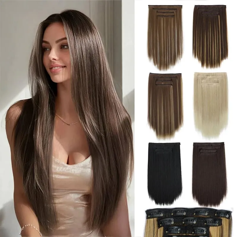 Pièce de perruque pour femmes extensions de cheveux longs et raides 11 cartes ensemble de quatre pièces cheveux synthétiques à pince