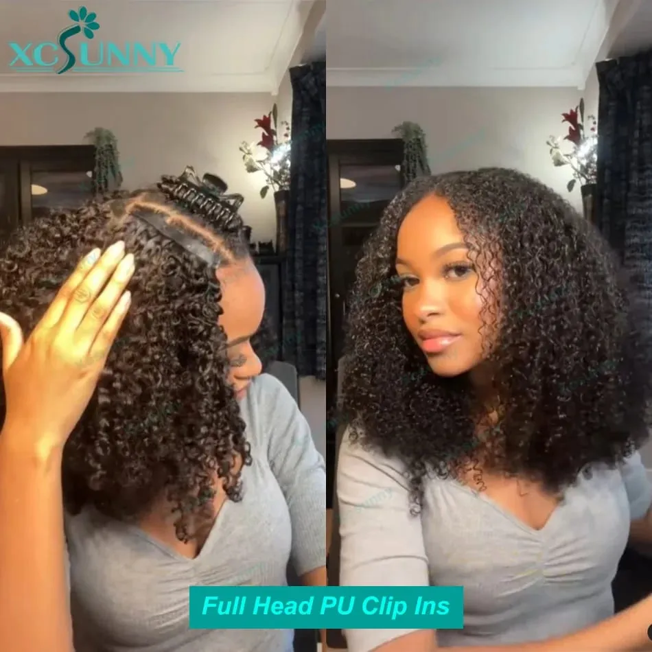Crépus bouclés sans couture pince Ins cheveux humains birman PU pince dans les Extensions de cheveux humains crépus bouclés pour les femmes noires 240g pleine tête — image 2