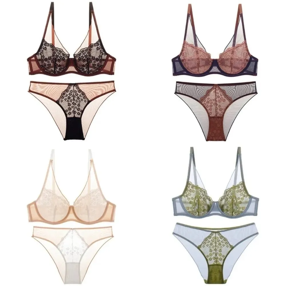 Sweet Mesh Lace Flower Bra Set Brassiere Underwear Mesh Bra Panties Kit Lingerie Thin Lace Floral Underpants Girl — image 6