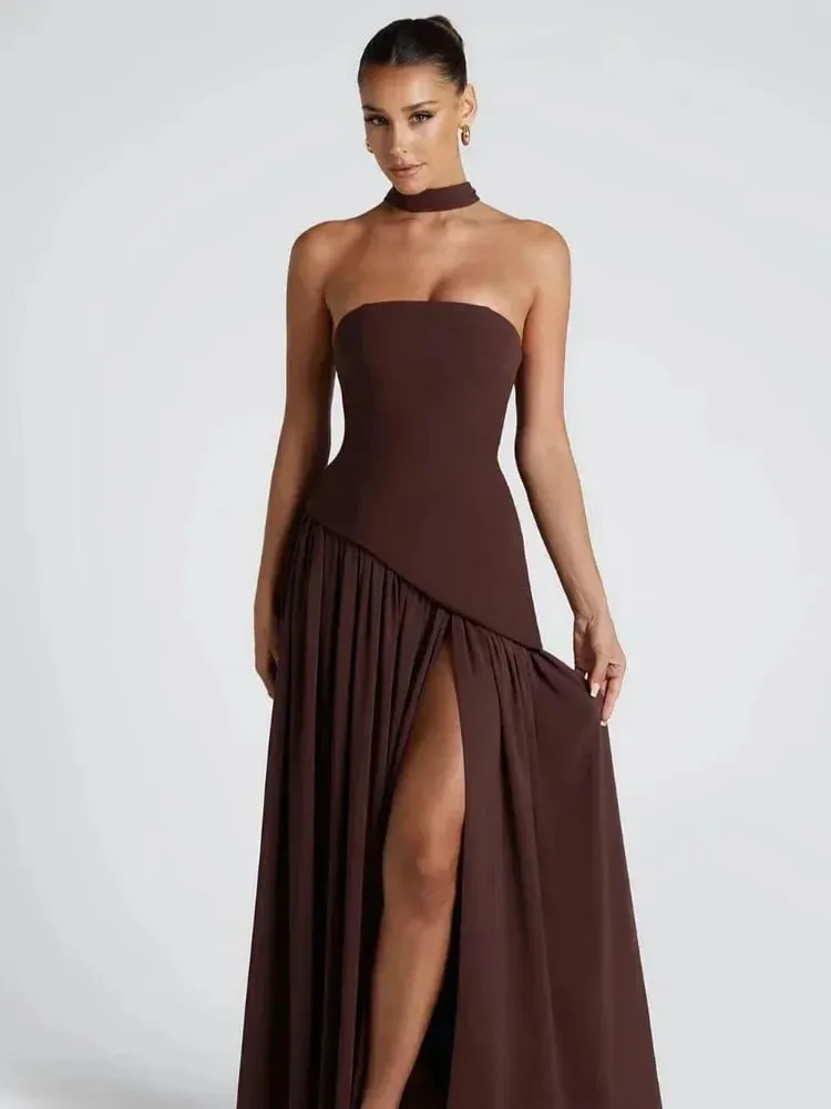 Maxivestido liso empalmado con cinta para mujer, Vestidos largos elegantes sin tirantes y sin mangas con abertura, novedad de 2025, Vestidos de fiesta de verano para mujer