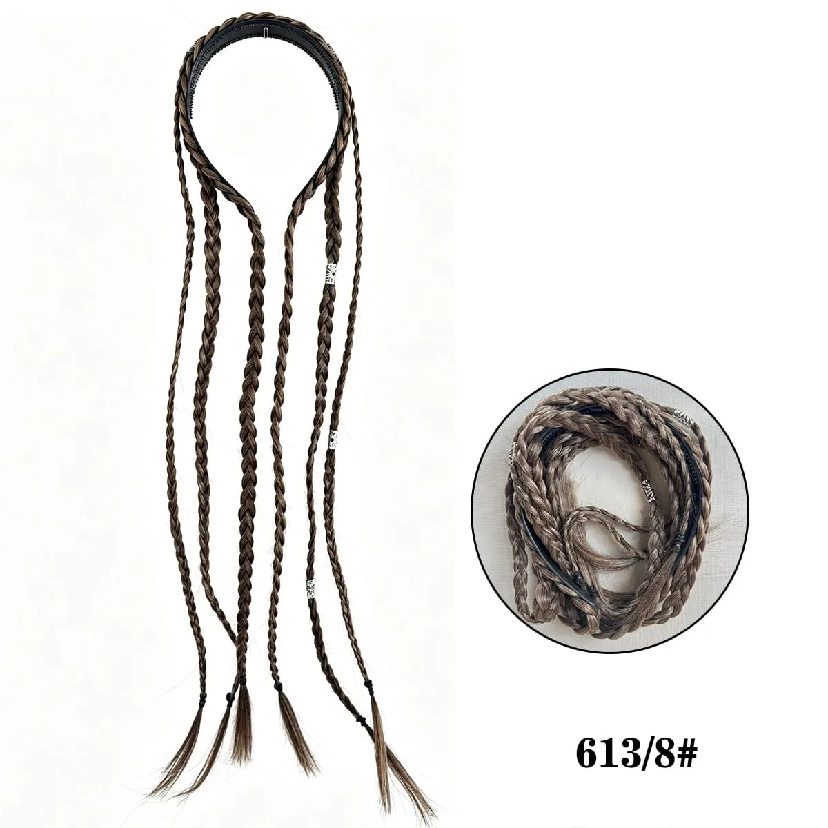 Synthetic Braided Headband Wig Braids Hairband With Decorative Silver Rings Long Box Braid Headband Hairpieces For Women Daily — image 6