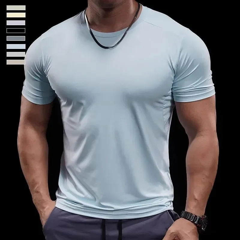 Summer New Basketball Men's Running Training Sports Gym Fitness High Elastic Quick-drying Casual Short-sleeved T-shirt Tops — image 4