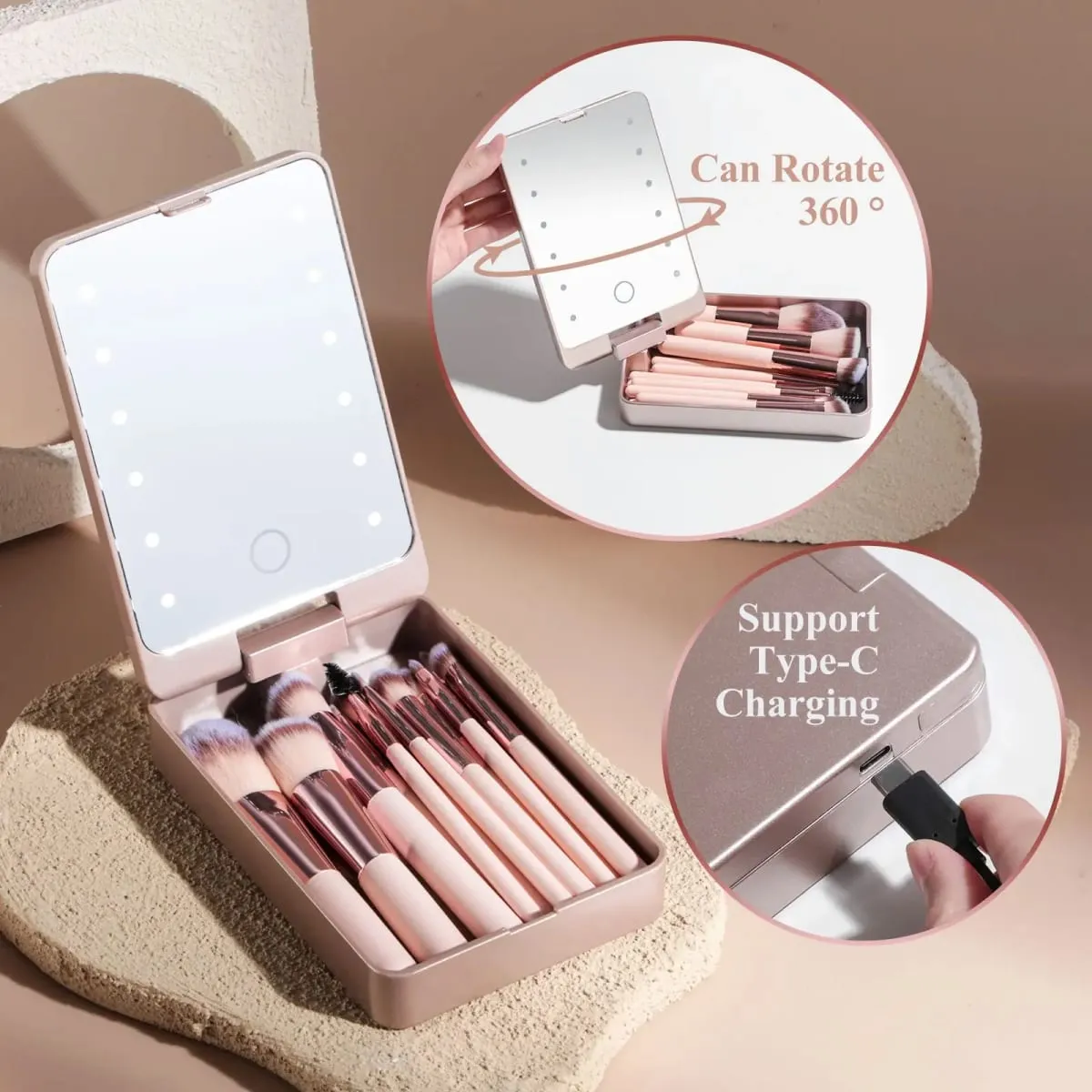 14 PCS Makeup Brush Set na May Illuminated Mirror Portable Short Handle LED Light USB Rechargeable Makeup Brushes Kit — image 2