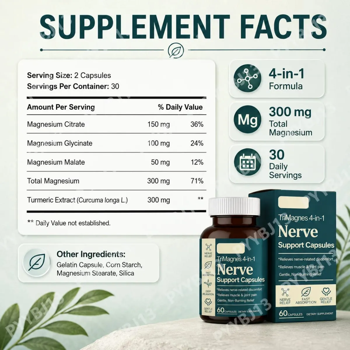 4-in-1 Magnesium Nerve Support Capsules with Citrate Glycinate Malate & Turmeric Extract 60 CT Fast Absorption Formula — image 4