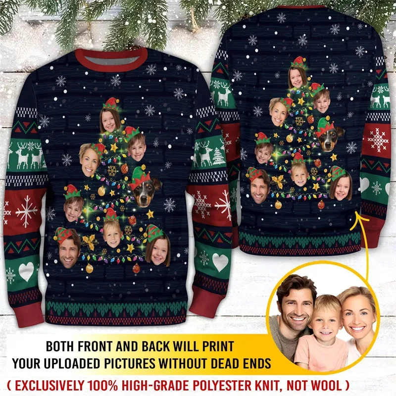 Custom Family Photo Christmas Sweatshirt Personalized Face Picture Print Xmas Tree Ugly Christmas Long Sleeve Party Tops