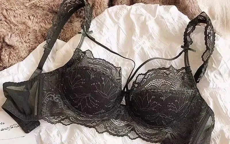 French Pure Lace Bralette Petite Bra Set AABB Cup with Removable Straps & Thin Push Up Pads Soft Underwire Sexy Women's