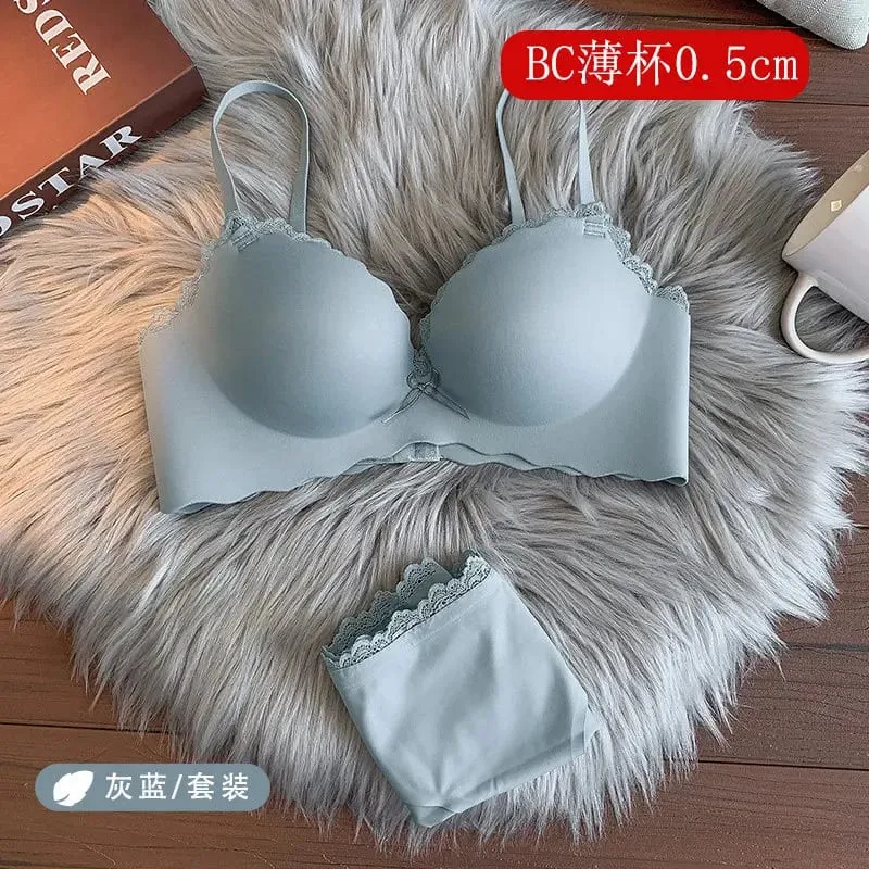セクシーWomen Wireless Seamless Bra Set One‑Piece Push‑Up Brassiere Small Bust Side Support Anti‑Sag Soft Ladies Intimates Lingerie