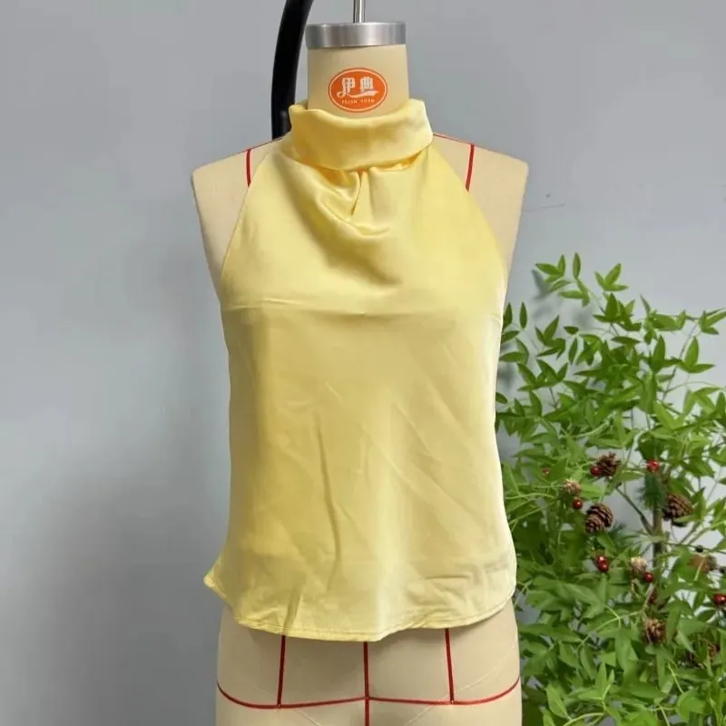 Women's Satin Halter Neck Sleeveless Top Summer Elegant Draped Collar Blouse Smooth Chic Office Party Wear Evening Outings — image 4