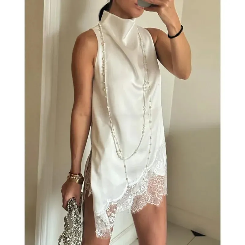Women's Satin High Neck Lace Trim Sleeveless Tanks Summer Fashion Casual Irregular Silhouette Delicate Solid Color Tops — image 2