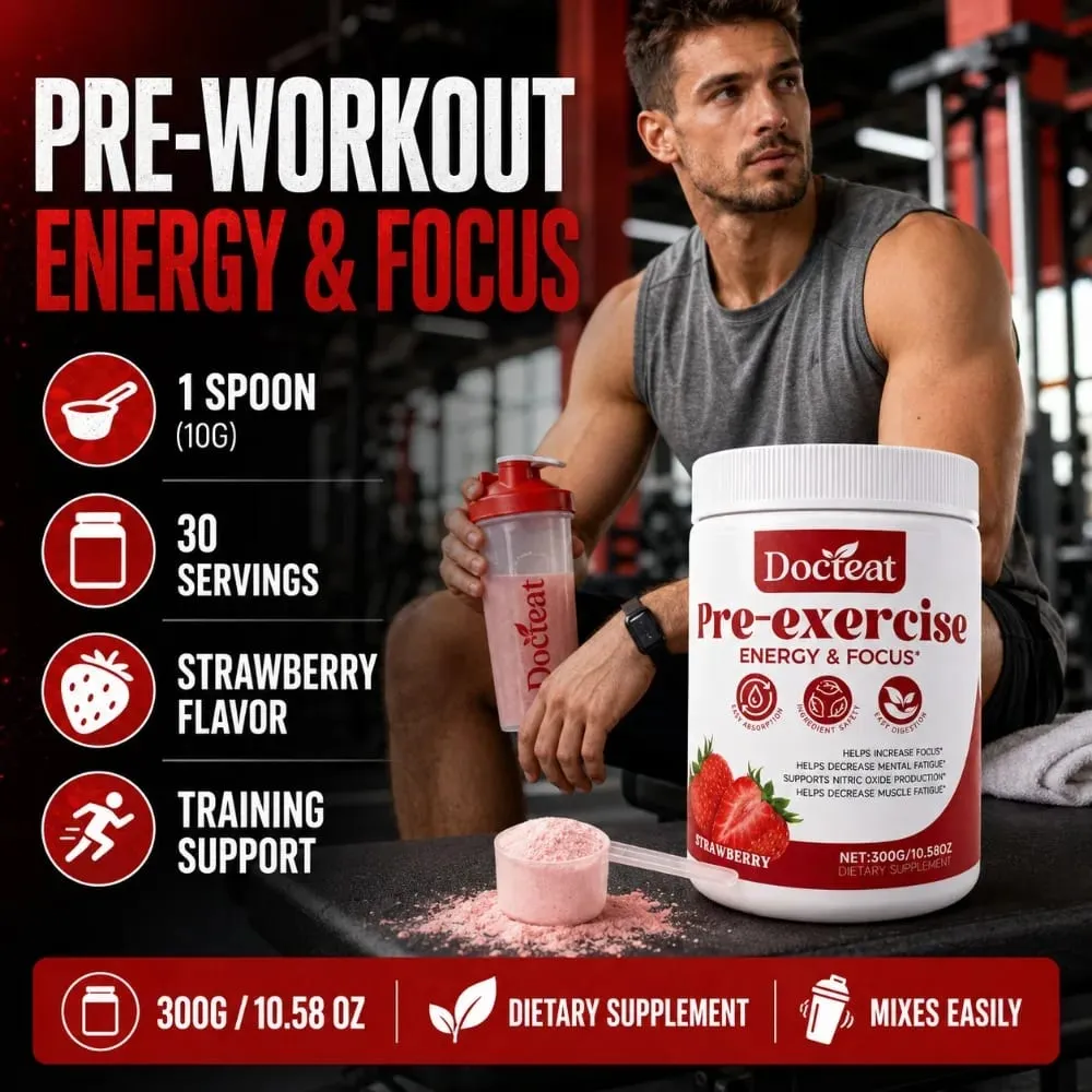 Docteat Pre Workout Powder Strawberry Energy & Focus Support Beta-Alanine L-Citrulline Rhodiola 300g 30 Portioner Drikkeblanding — image 4
