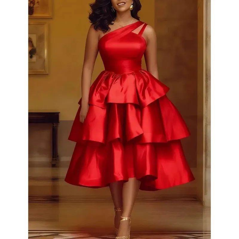 ผู้หญิงElegant Shiny Oneไหล่Ruffle Layered Christmas Party Dressesวันที่Outวันเกิดงานแต่งงานเหตุการณ์โอกาสชุดใหม่ — image 2