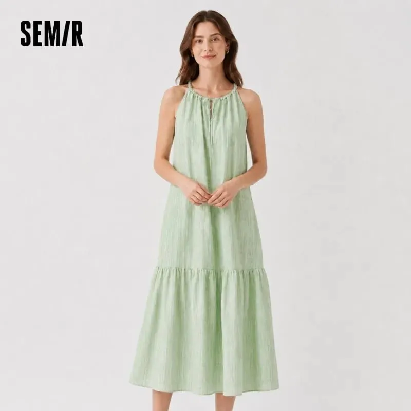 Pakaian Wanita Semir Ikatan Simpul Bertekstur Halter Leher Percutian A Line Maxi 2026 Musim Panas Romantik Segar Elegan Lembut Selesa Top Percutian
