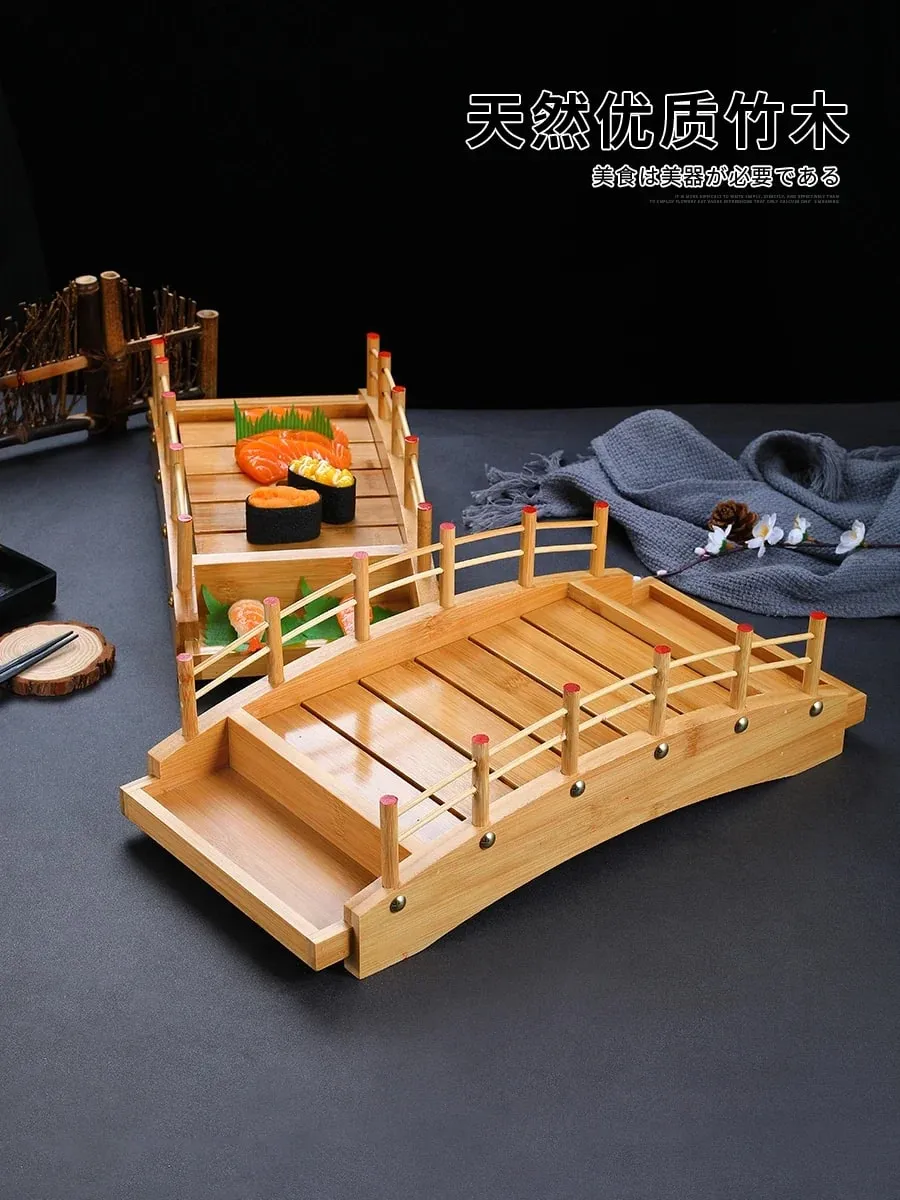 Japanese sushi boat bamboo boat Wooden boat bamboo arch bridge tableware Sashimi platter Dry ice platter sushi plate — image 2