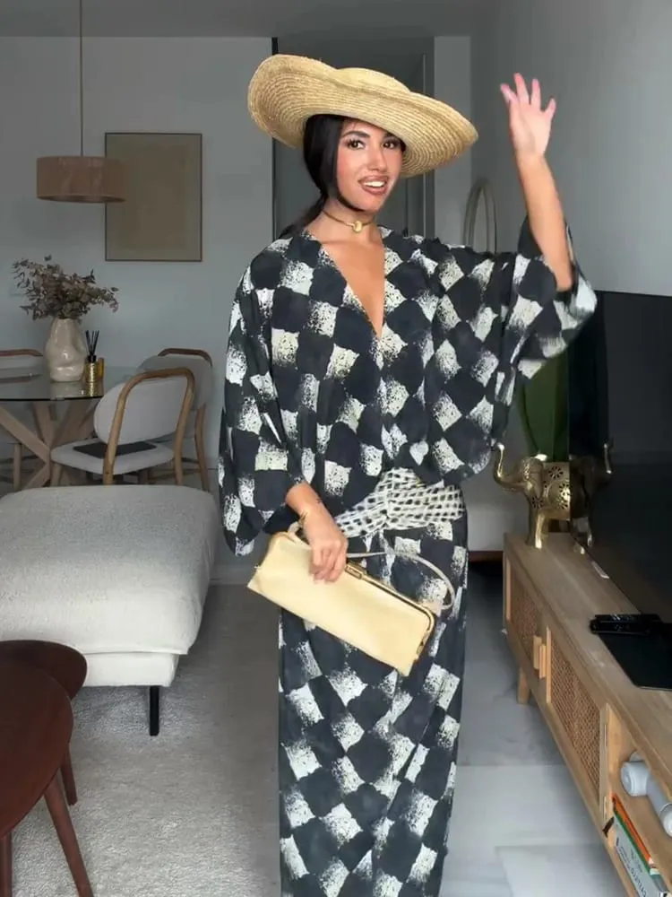 V คอหลวมเอว Cinched ชุดยาวผู้หญิงสีตัดกันแขนสั้น Maxi ชุดวันหยุดเก๋ผู้หญิงชุดใหม่ — image 5