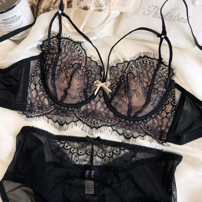 Sexy Hohl-BH-Slip-Set, französische dünne Tasse, Spitze, Stickerei, Damen-Unterwäsche, drahtfrei, Bralette, Polsterung, Komfort, Plus-Size-Dessous
