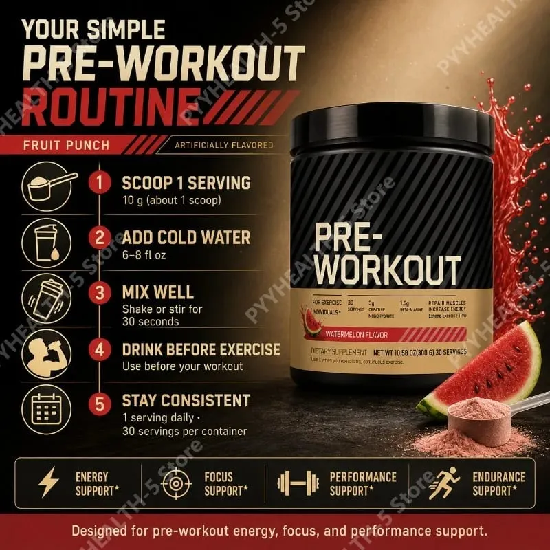 Pre Workout Pulver med Kreatin Beta Alanine L Citrulline Tyrosine Koffein Energi Udholdenhed Fokus Support 300 g 30 portioner — image 6