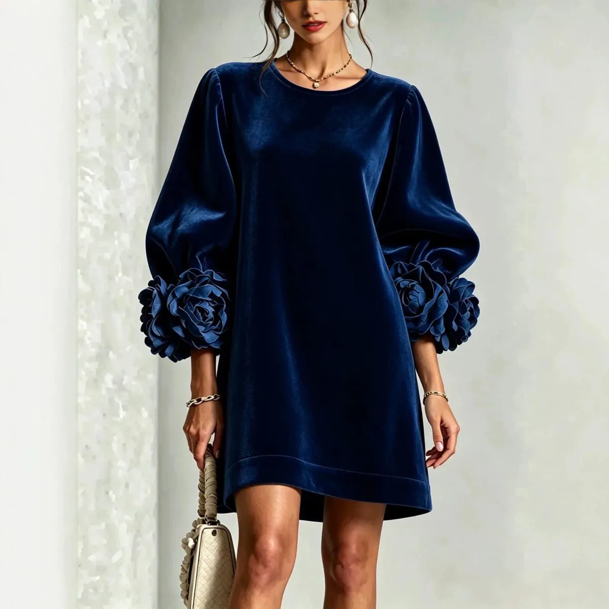 Autumn Winter Women Velvet Mini Dress O Neck Puff Long Sleeve 3D Flower Cuff Decor Loose Casual Hot Hit Fashion Short Dresses — image 1