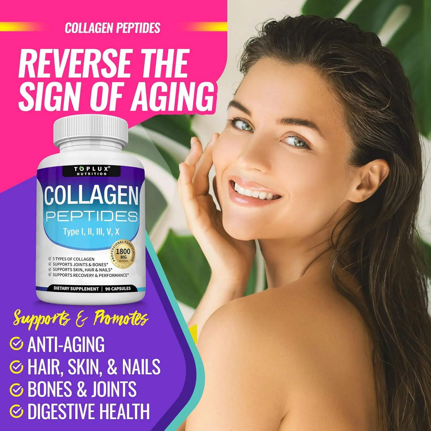 Multi Collagen Peptides Capsules 1800 mg - Hydrolyzovaný proteinový kolagenový komplex pilulky na podporu kloubů pokožky a vlasů pro muže, ženy — image 3