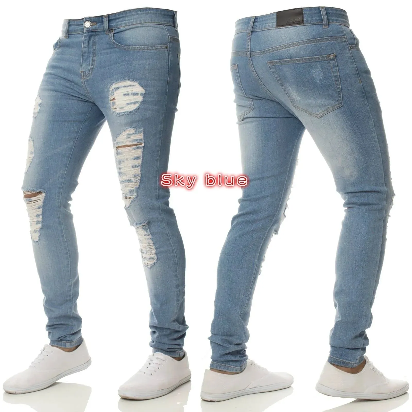 Men High Waist Black Ripped Skinny Jeans Fashion Hole Design Trendy Casual Denim Long Trousers — image 3