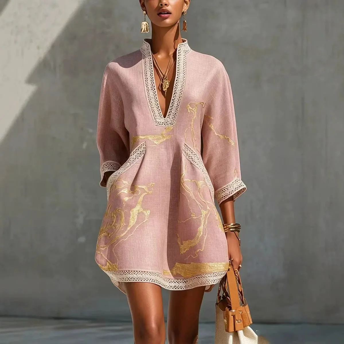 B Elegant Mini Dress for Women Fashion Lace Trim V Neck Abstract Print 3/4 Sleeve Pocket Dress Casual Commuting Vacation Dresses — image 3