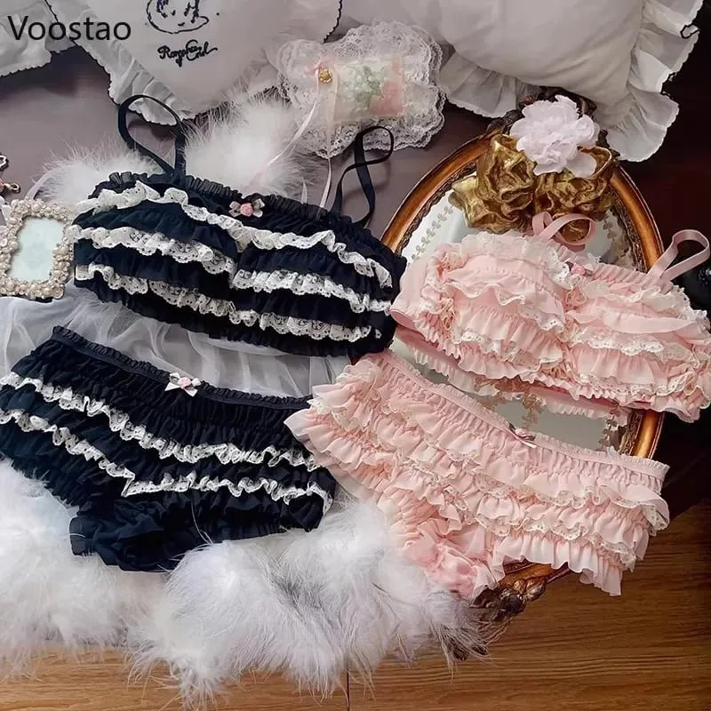 Japanse Zoete Lolita Stijl Beha Slipje Lingerie Set Vrouwen Sexy Bloemen Kanten Ruches Slips Kawaii Ondergoed Panty Intimates Sets — image 2