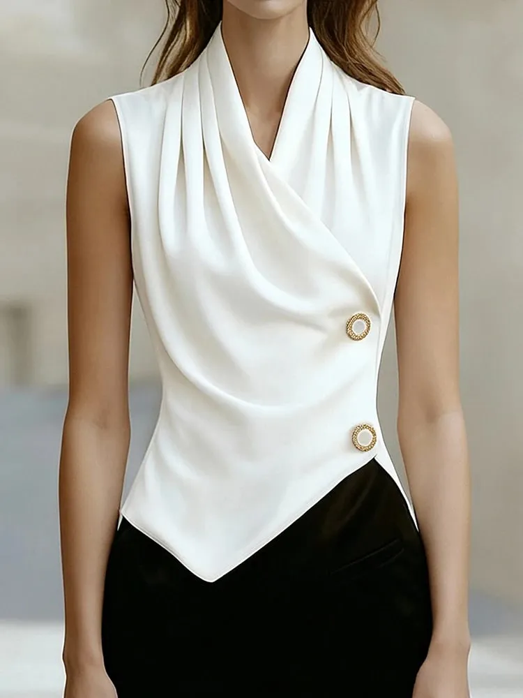 Simple and Elegant Charm High-End Feel Irregular Hem Pleated Neckline V-Neck Sleeveless Top Women's Clothing