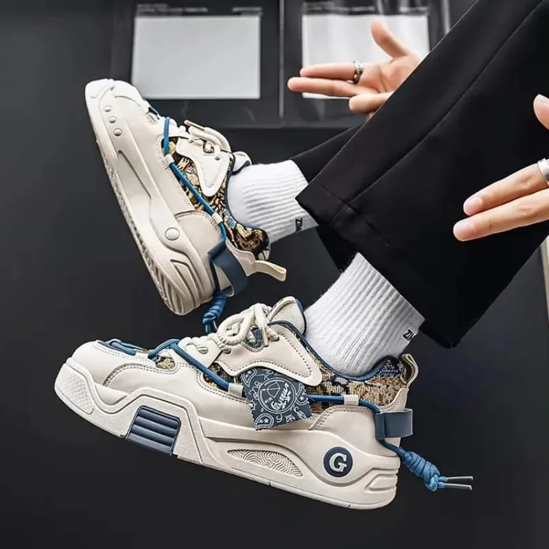 Spring Summer Men Sneakers Chunky Sole Casual Shoes Retro Color Block Graphic Print Lace Up Thick Flat Platform Footwear — image 4
