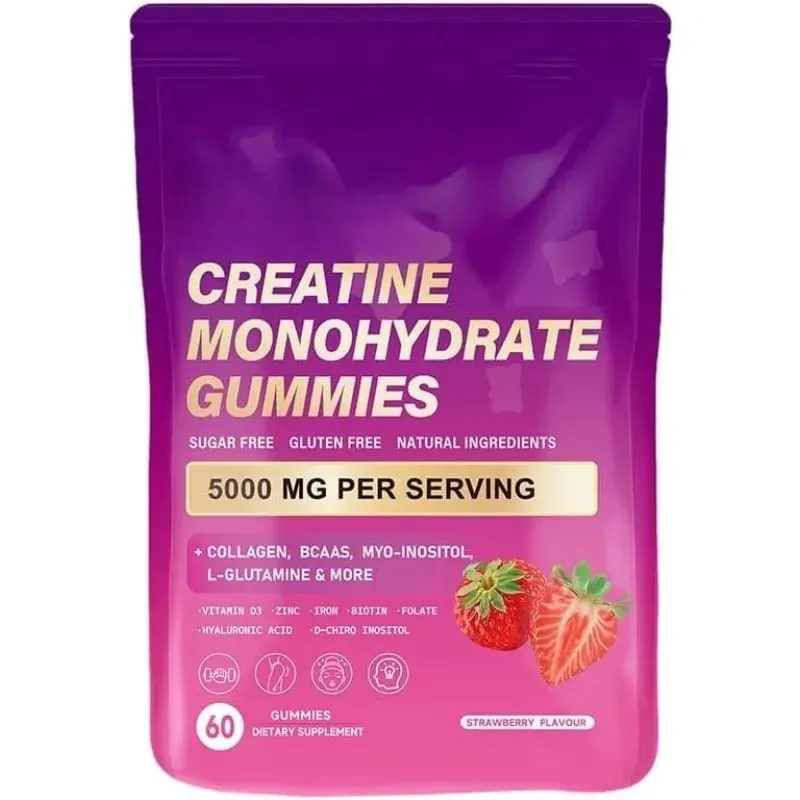 60 Count Creatine Monohydrate Gummie with Collagen Biotin Vitamin D3 & Hyaluronic Acid Daily Pre & Post Workout Recovery Support