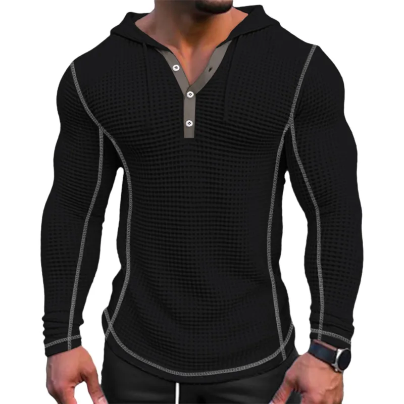 Warna Pepejal Musim Bunga Slim Fit Lengan Panjang T-shirt Lelaki Bertudung Bernafas Sukan Atasan Wafel Kapas Baju Lengan Panjang Kasual — image 1