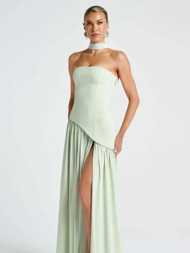 Maxivestido liso empalmado con cinta para mujer, Vestidos largos elegantes sin tirantes y sin mangas con abertura, novedad de 2025, Vestidos de fiesta de verano para mujer