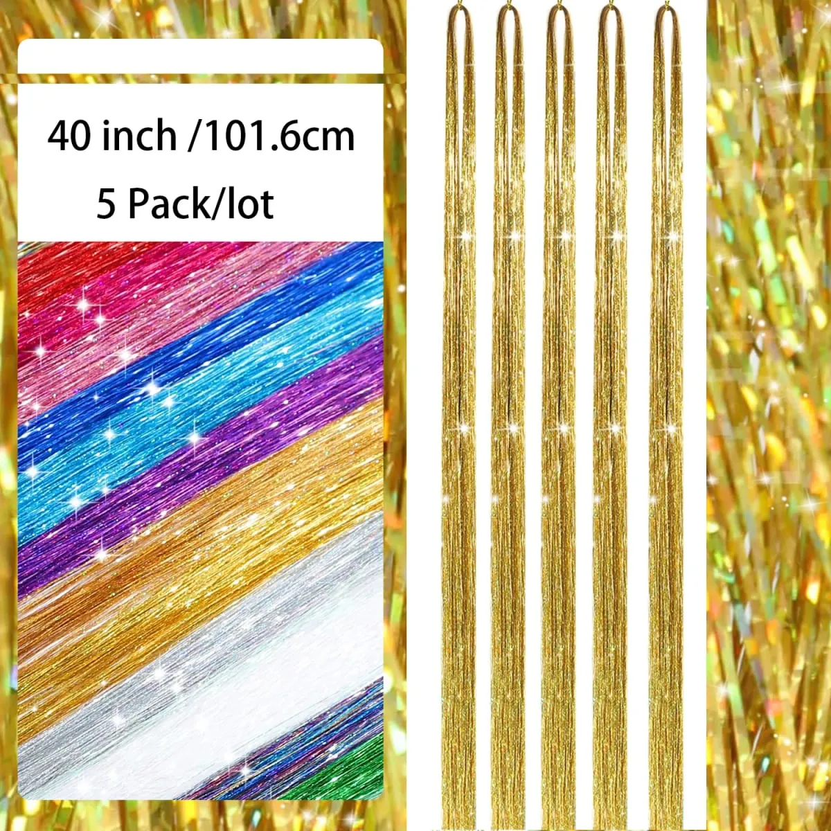 Hair Tinsel 5 Packs 40 Inch Tinsel Hair Extensions Gold Heat Resistant Glitter Sparkling Shinny Fairy Hair Synthetic