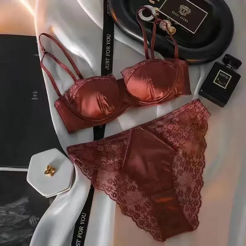 European Satin Half Cup Push Up BH Set Bügel Dünn Glatt Grün Spitze Komfortabel Sexy Dessous Für Damen 32-38 Hot Selling YEMOMO — image 11