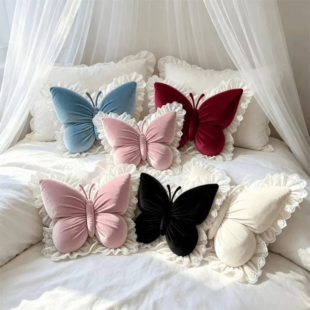 Elegant Velvet Butterfly Pillow Soft Lace Trim Bow Cushion Cute Bow Throw Pillow Gifts — image 4